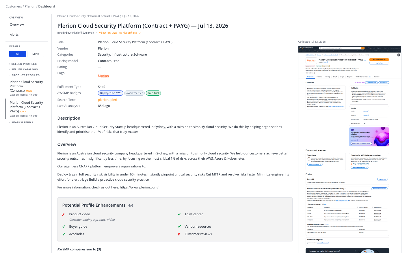 Screen 5: Product profile — AI-scored content analysis + change history